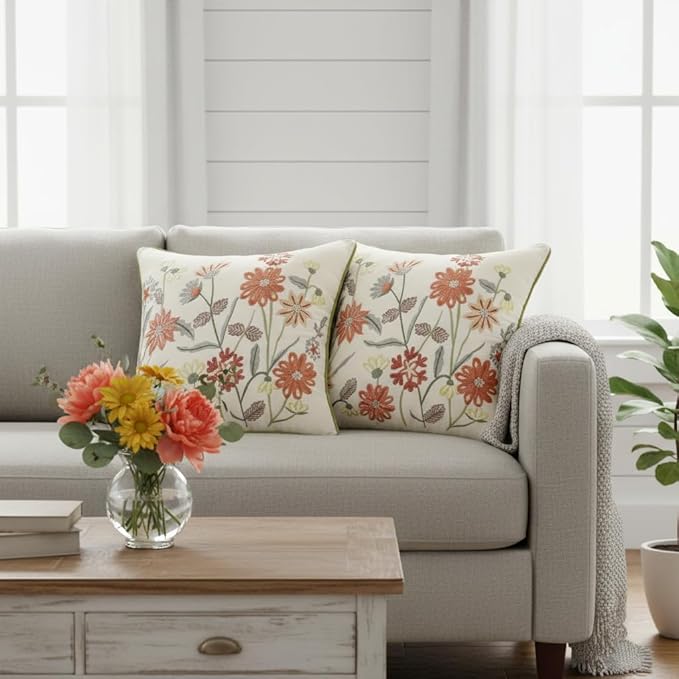 Orange Floral Pillow Covers 18x18 Pack of 2 Embroidered Throw Pillow Covers Vintage Flowers Farmhouse Pillow Cushion Cases Spring Summer Decorative Pillowcases Home Decor Square Pillow Case
