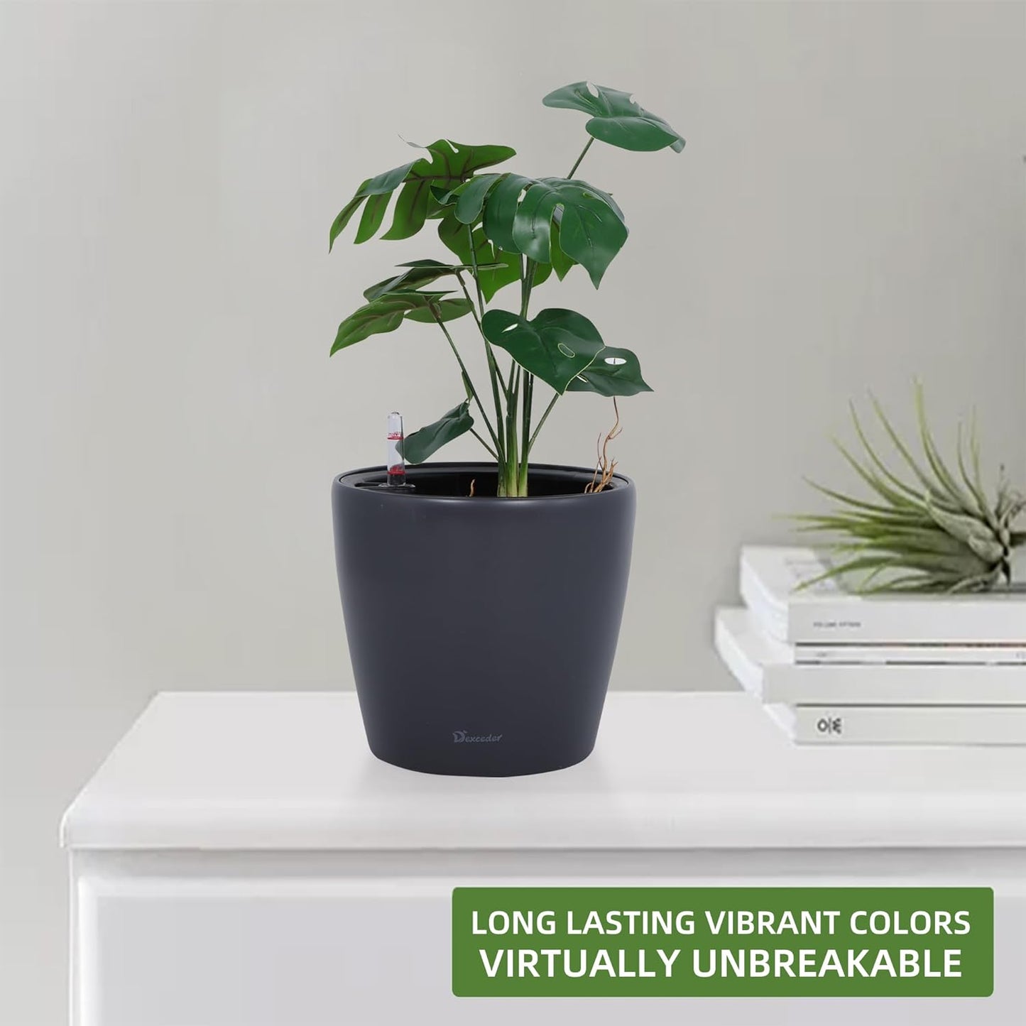 Dexceder 11x10 Inches Self Watering Planter Indoor Outdoor, Inner Pot Design, Thickened Table Flower Plant Pot with Water Level Indicator (Slate Gray Matte)