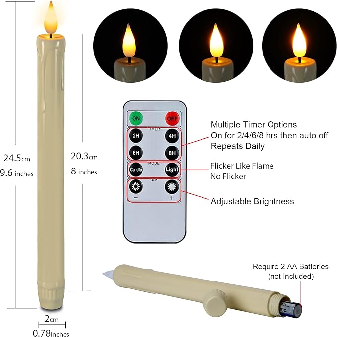 Homemory 48 Pcs Plastic Flameless Taper Candles with Remote Timer Dimmer, Taper Candles Battery Operated with Flickering Light, Ivory Led Candlesticks for Wedding Party Holiday Decoration 9.6 Inches