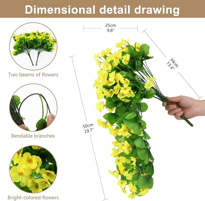 ZFProcess Artificial Fake Hanging Flowers Plants for Outdoor Spring Summer Decoration, 2PCS Faux Silk Violet UV Resistant Look Real Trailing Vines for Outside Home Planter Porch Patio(Yellow)