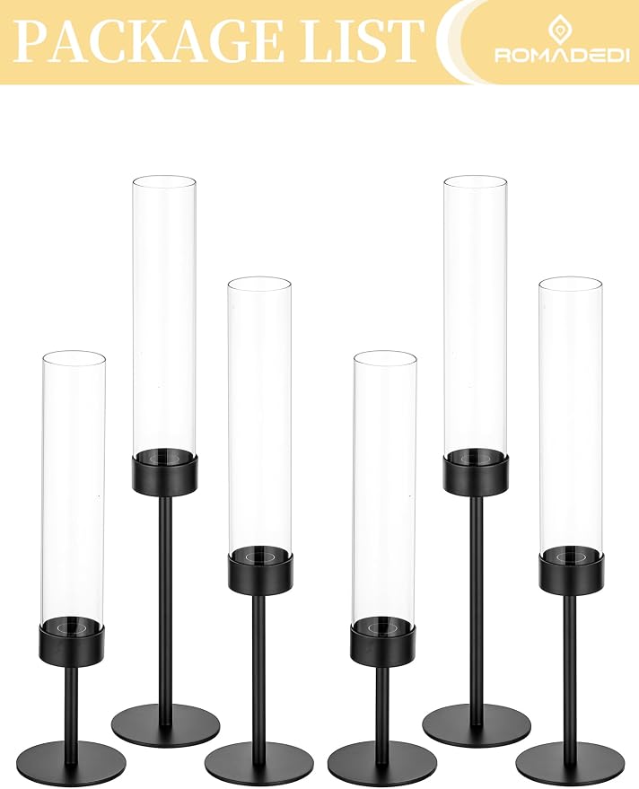 Romadedi Black Candlestick Holders Hurricane - Metal Taper Candle Holder Bulk Tall Windproof Glass Cylinder for Indoor Outdoor Table Centerpiece Christmas Halloween Modern Home Decor Set of 6