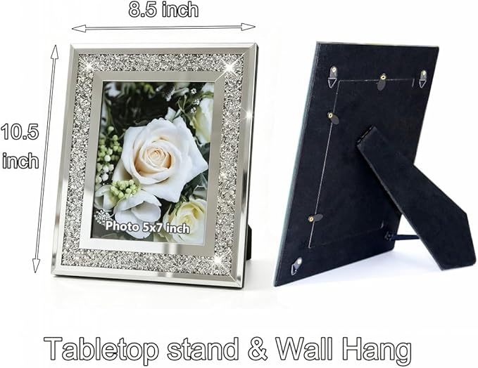 ALLARTONLY Crush Diamond Mirror Photo Frame In Bling Sparkle Crystal Silver Glass Finish, For Picture Size 5x7 inch, Pack of 2 Piece, table top Stand frame & Wall Frame