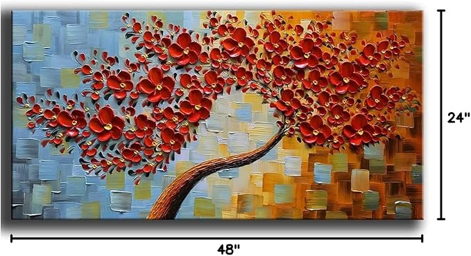 YaSheng Art -handpainted Modern Wall Art ,3D Texture Flowers Artwork Oil Painting, Abstract Canvas Wall Art Red Tree Paintings, Modern Home Wall Art for living room Bedroom Dining Room Office Wall Decor 24x48inch