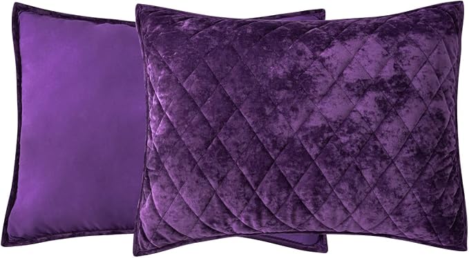 Fredsure Distressed Velvet Quilt Set, 3 Pieces Purple King, Distressed Velvet Face and Brushed Microfiber Reverse, with Diamond Quilting