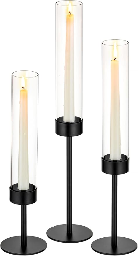 Romadedi Black Candlestick Holders Hurricane - Metal Taper Candle Holder Tall Windproof Glass Cylinder for Indoor Outdoor Table Centerpiece Christmas Halloween Modern Home Decor Set of 3