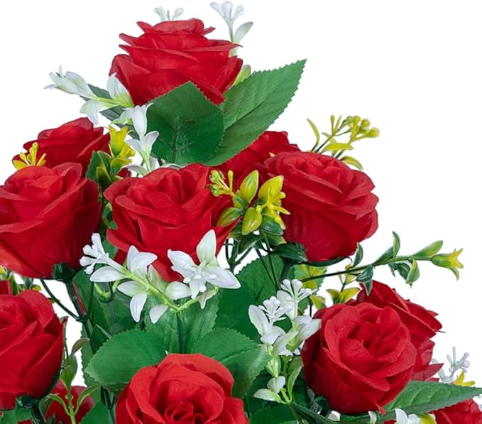 DONODA 2 Sets of Artificial Cemetery Flowers, Outdoor Grave Decorations Roses,Accompanied by 2 Long Nail Vases,Lasting and Non-Bleed Colors. (18 Heads (red))