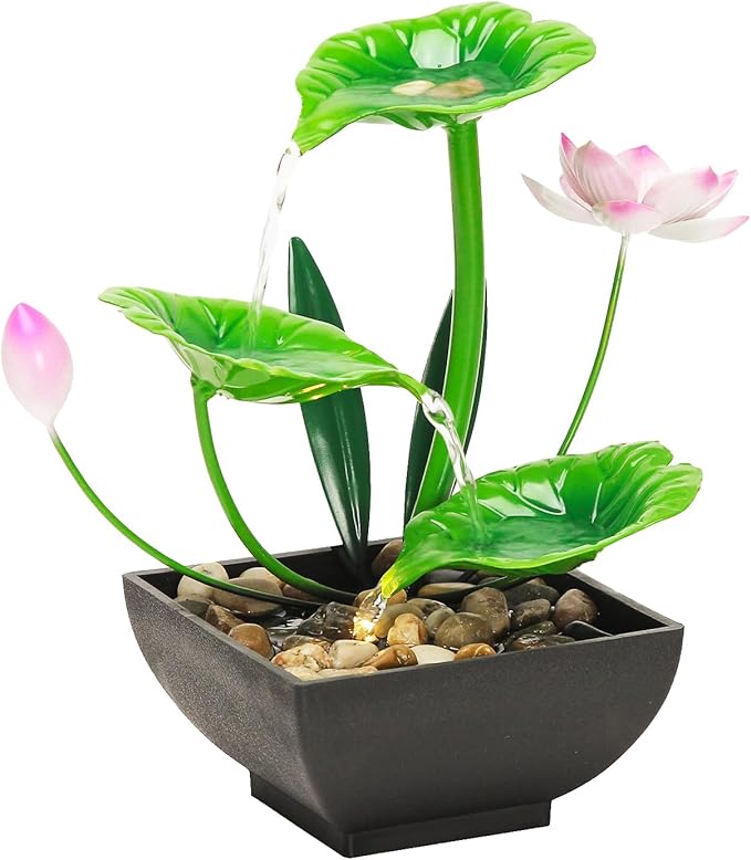 Water Fountain Indoor Waterfall Fountain 3-Tier Tabletop Fountain Lotus Desk Relaxation Home Decor Including Lots of Rocks and Soothing Sound Machine (Green 1)