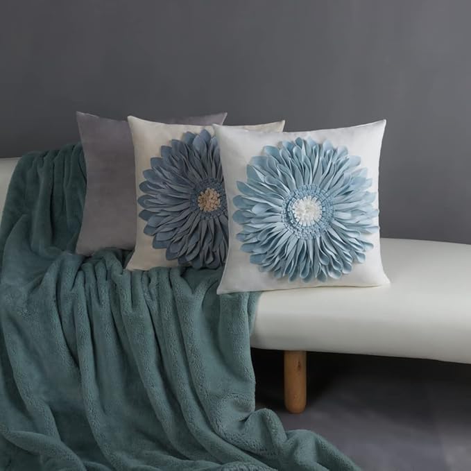 OiseauVoler Handmade Throw Pillow Covers 18x18 Inch Blue 3D Sunflower Cushion Covers Decorative Pillowcases Couch Living Room Farmhouse Decor