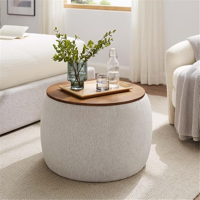 Modway Perla 26 Inch Round Storage Ottoman with Tray Lid in Ivory Fabric -Heathered Fabric Ottoman - Versatile Footrest - Woven Coffee Table - Side Table - for Living Room