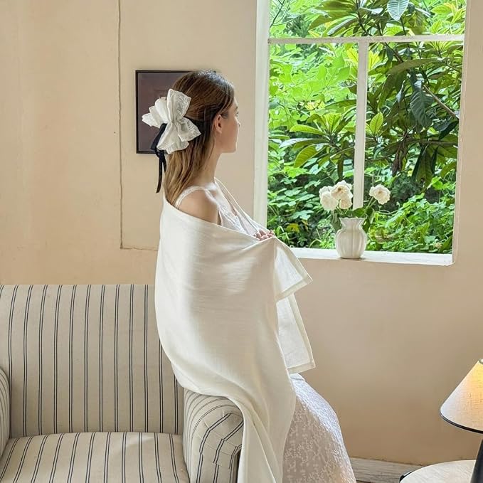 Simple&Opulence Linen Cotton Throw Blanket with Double Layered Folded Edge for Couch/Bed/Sofa/Gift, Natural Flax Solid Color Soft Breathable Cozy Farmhouse Home Décor - White, 50"x60"