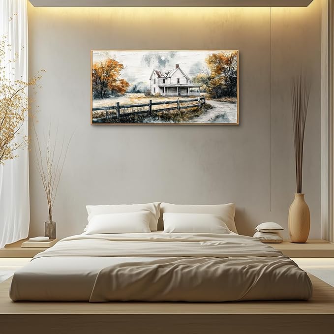 QIYILEXWART Wood Framed Canvas Wall Art For Living Room Wall Decor For Bedroom Office Wall Decoration White Hut Painting Farmhouse Watercolour Pictures Artworks Room Home Decor Ready To Hang