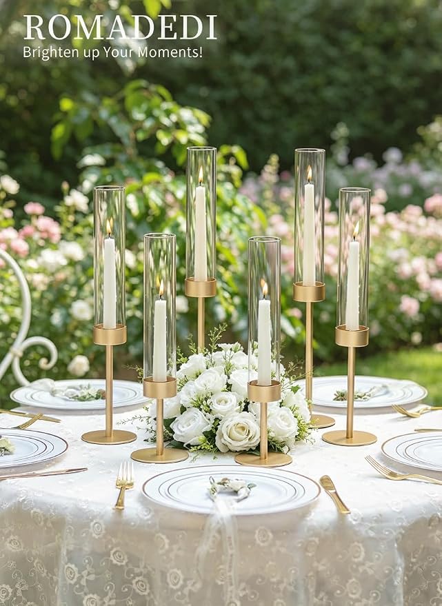 Glass Hurricane Candlestick Holders Gold - Romadedi Set of 6 Taper Candle Holder Bulk Tall Clear Glass Cylinder Table Centerpiece Wedding Decor Party Birthday Christmas Home Decorations