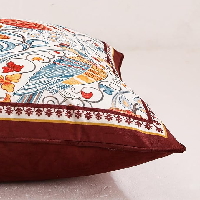 patdrea Designer French Velvet Throw Pillow Cover,Set of 4,-Moritz ABAC | Elegant Lumbar Pillow Case,Rust Red Floral and Bird Pattern,Decorative Pillow Cover for Couch Living Room Bedroom