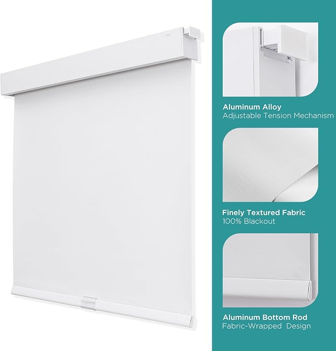 Joydeco No Drill Blackout Shades, Free-Stop Cordless Roller Shades, UV Protection, Thermal Insulated Blinds for Indoor Windows, Easy Install Window Blinds for Home and Office (White, Custom Size)