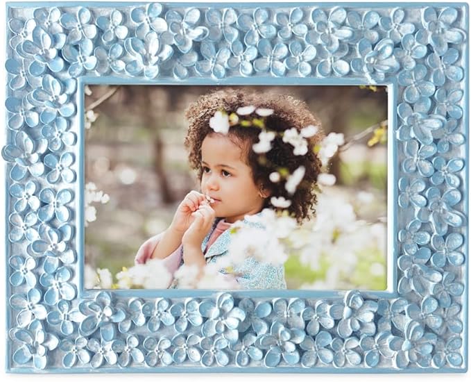 Isaac Jacobs 4x6 Blue Flower Textured Hand-Crafted Resin Picture Frame w/Easel & Hook for Tabletop & Wall Display, Decorative Floral Design Home Décor, Photo Gallery, Art (4x6, Blue)