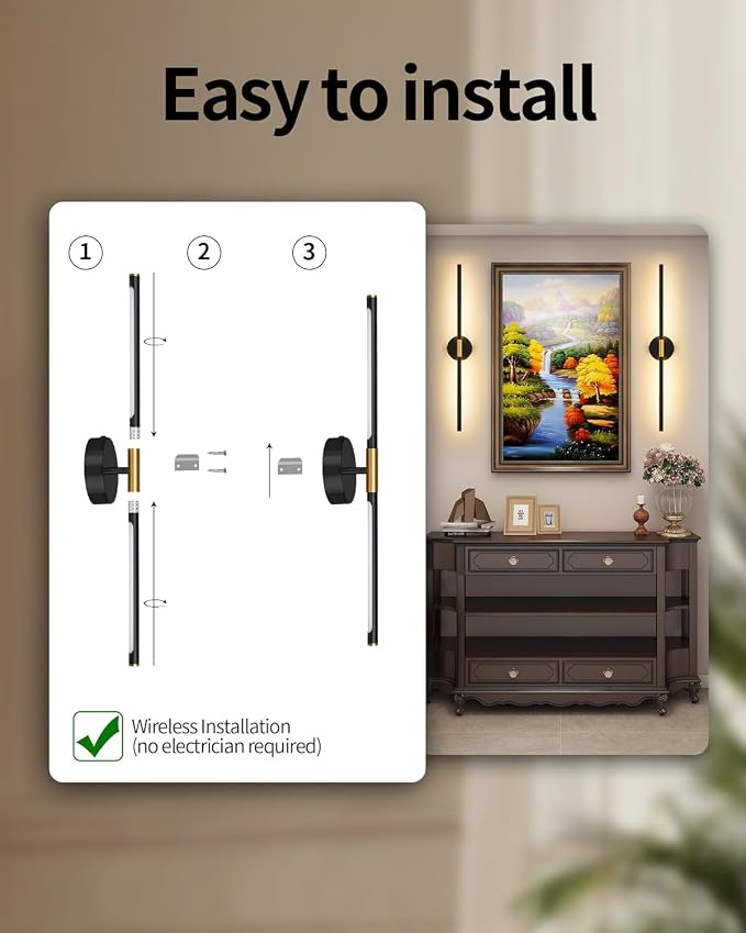 32" Battery Operated Wall Sconce Set of 2, Black Gold Wall Light | 350° Rotate, Wireless, Rechargeable, 8000mAh, Dimmable, 3000K-6000K, Remote & Touch Control, Timer, Living Room, Bedroom