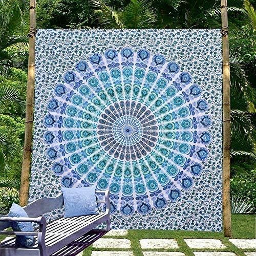Bless International Handmade Indian hippie Bohemian Psychedelic Peacock Mandala Wall hanging College Dorm Beach Throws Table Cloth Bedding Tapestry (Peacock Sky Blue, King(88x104Inches)(225x265Cms))