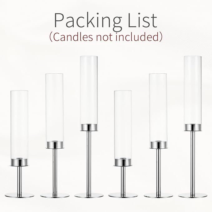 Hurricane Taper Candle Holders: Silver Glass Candlestick Holder Tall Candle Sticks Holder Decor with Glass Cover for Wedding Table Centerpiece Party Birthday Christmas Home Mantel Set of 6