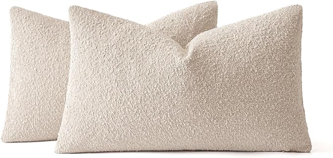 MIULEE 12x20 Inch Decorative Lumbar Pillow Covers for Bed Set of 2 Textured Boucle Neutral Throw Pillow Covers Oatmeal Accent Solid Pillowcases Sofa Living Room Home Decor