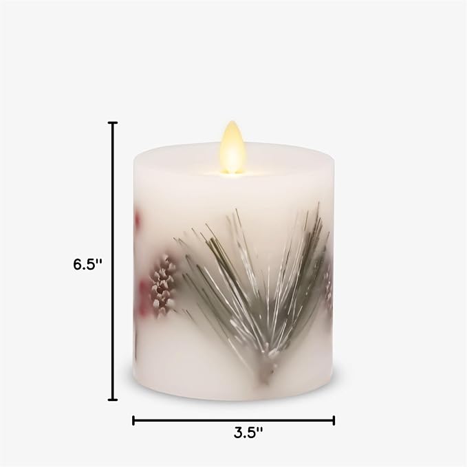 Luminara Embedded Flameless LED Candle - Pine Berries 3.5" x 4.5" - Moving Flame Pillar, Battery Operated Timer, Real Wax, Unscented, Safe