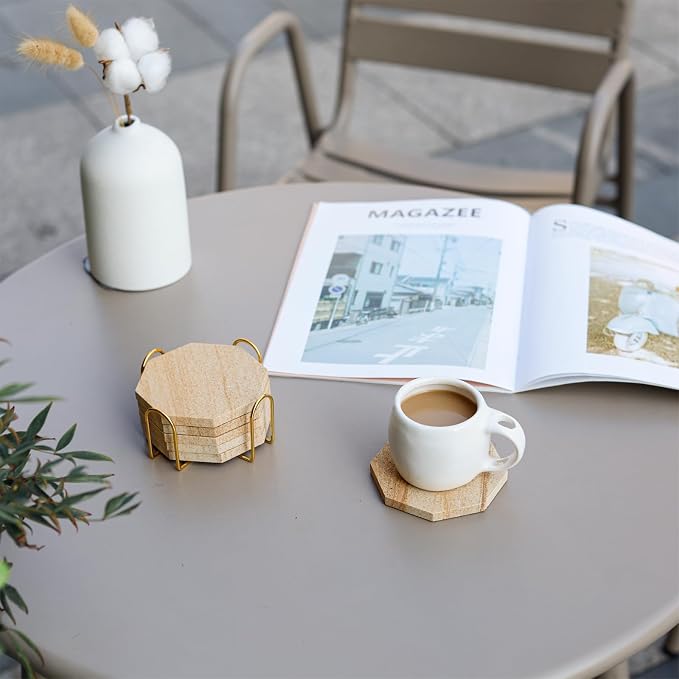 Octagonal Sandstone Coasters Set of 6 with Holder, Absorbent Stone Coasters with Soft Backing for Table Protection, Farmhouse Rustic Sandstone Coaster for Coffee Table Desk Patio Home Decor