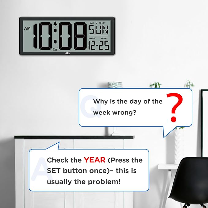 WallarGe Backlight Digital Wall Clock Battery Operated - with Temperature and Date 14.5'' Large Digital Wall Clock, Easy to Read and Set, Auto DST