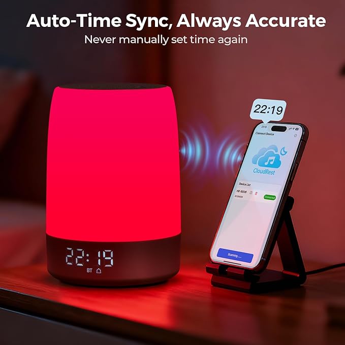 Smart Red Light Therapy Lamp & Sleep Sound Machine for Bedroom with Alarm Clock, 32 White Noises Sound Machine, Night Light with App Control, 5-Level Red Light (620–690nm), 2600mAh Battery(Large)