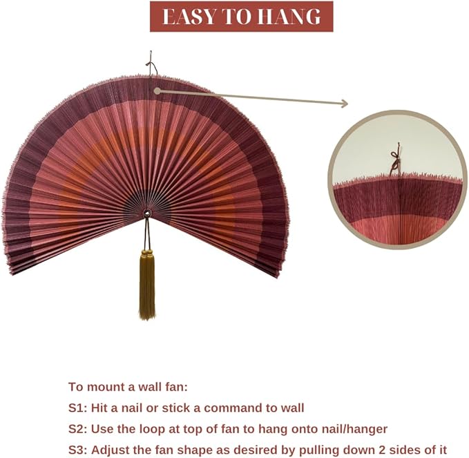 ChumDecor Fan Wall Decor,Japanese Chinese Wall Fans Decor, Boho Hanging Headboard,Decorative Folding Fan for Over Bed Decorations (Terracotta, 60inch)