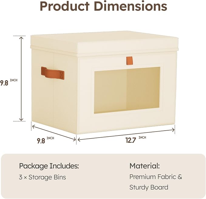 Homsorout Storage Bins with Lids - Front Opening Storage Box with Clear Window & Handles, Stackable Foldable Fabric Bins for Closet Organization, Clothes, Sweaters, Towels, Blankets, 3 Pack, Beige
