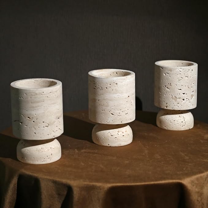 Farmhouse Travertine Pillar Candle Holder, Natural Stone Candlestick Decor | French Centerpieces for Table, Elegant Home Decor, Anniversary Weddings Gift