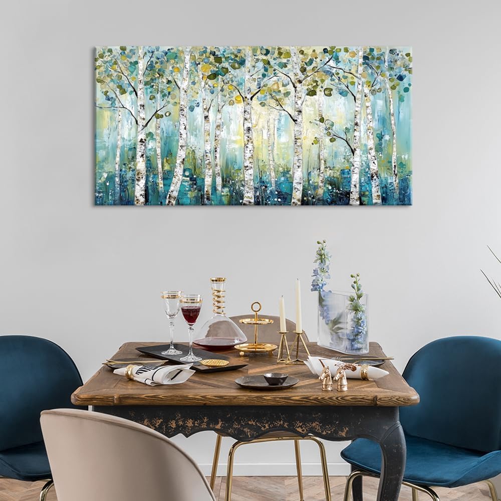 LASMOND Abstract Teal Grove Canvas Paintings Prints Modern Tree Wood Artwork Decor Wall Art for Living Room Bedroom Offices (40x20 Inches)