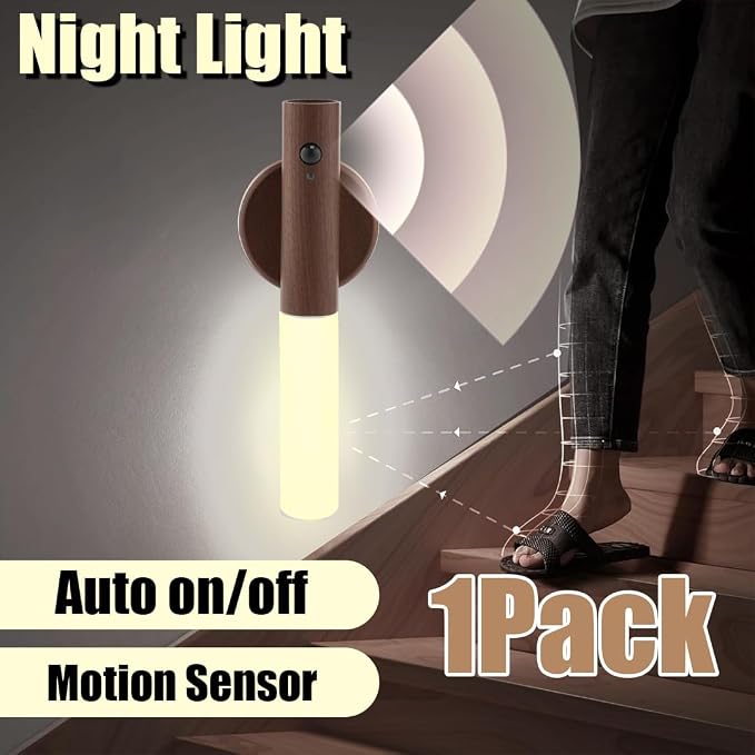 LANDGOO Wooden Motion Sensor Lights Indoor, Magnet Body Hallway Rechargeable LED Wireless Battery Operated Wall Sconce,