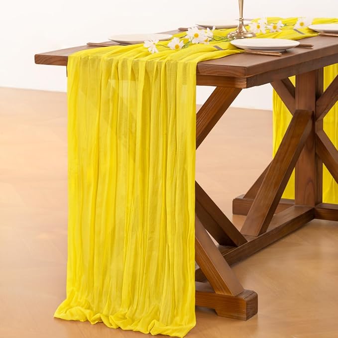 Socomi 2pcs Yellow Spring Cheesecloth Table Runner Boho Rustic Gauze 120 inch 10FT Cheese Cloth Runner for Wedding Party Baby Shower Birthday Home Decor