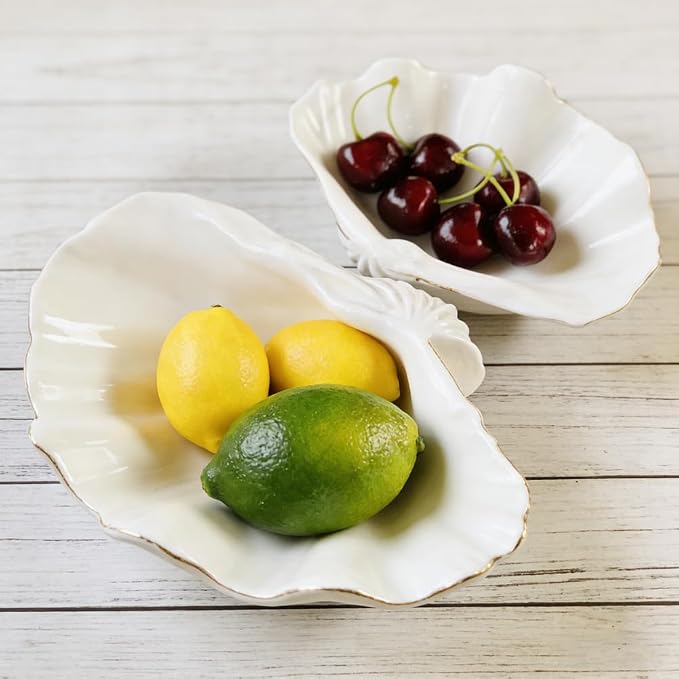 White Shell Decorative Bowl – 7.9" Clam Shell with Gold Rim, Coastal Centerpiece for Bathroom Vanity, Entryway, or Living Room, Jewelry Holder, Key Tray, Fruit Bowl, Beach House Decor