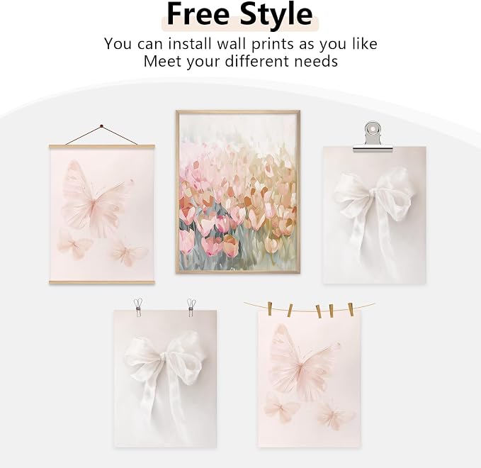 Tocliky Coquette Pink Wall Art Decor Swan Posters Bow Flower Canvas Wall Art Preppy Cute Pictures Trendy Butterfly Posters Coquette Aesthetic Prints for Girl Dorm Room Bedroom 8x10x5 Inch Unframed