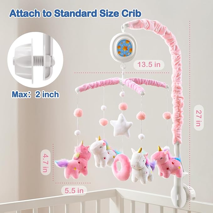 Unicorn Baby Crib Mobile for Girls with Music Box (100+ Lullabies), Rotating Plush Crib Toys for Newborns, Infant, Baby Shower Gift