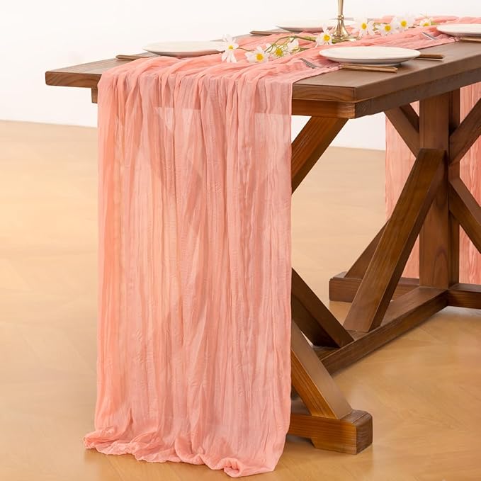 Socomi 2pcs Coral Peach Easter Spring Cheesecloth Table Runner Boho Rustic Gauze 120 inch 10FT Cheese Cloth Runner for Wedding Party Baby Shower Birthday Home Decor Holiday Decorations