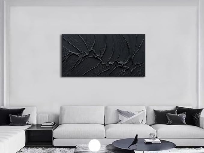 zoinart Hand Painted Thick Texture Black Minimalist Oil Painting Modern Contemporary Art 24x48 Inches Oil on Canvas Abstract Black Textured Wall Art Home Decoration