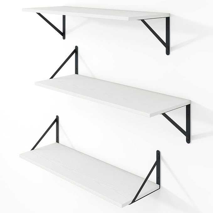 Vivelove White Deep Floating Shelves for Wall, 24W x 8D Wood Wall Shelves Set of 3, Wide Floating Bookshelf for Living Room, Kitchen, Office, Bedroom and Decor Storage, with Black Bracket - White