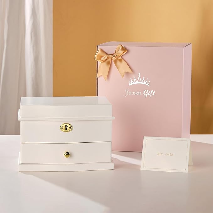 Ballerina Musical Jewelry Box with Mirror for girls,Kid's Jewelry Storage Music Chest (White-L)