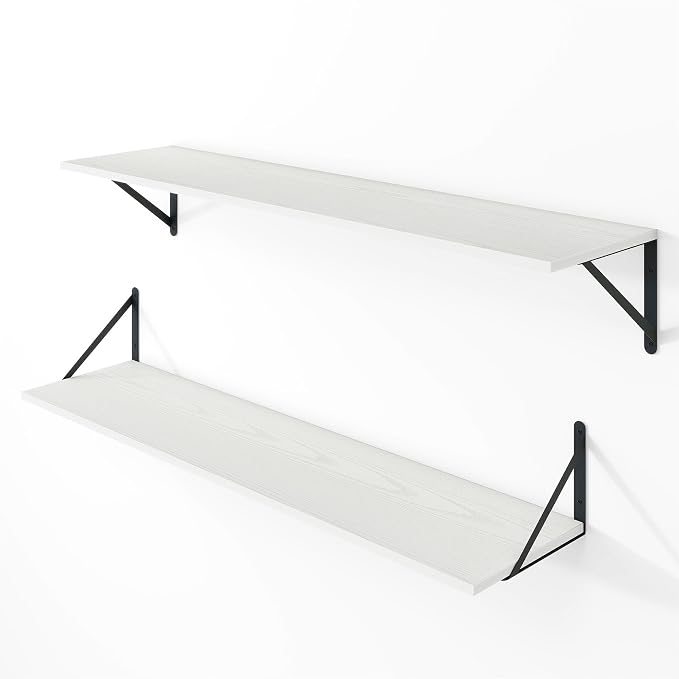 Vivelove White Deep Floating Shelves for Wall, 36W x 8D Wood Wall Shelves Set of 2, Wide Floating Bookshelf for Living Room, Kitchen, Office, Bedroom and Decor Storage, with Black Bracket - White