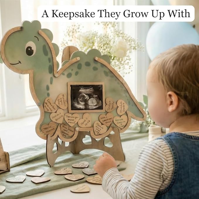 Dinosaur Guest Book Alternative Keepsake Frame - Baby Shower - Birthdays - Gender Reveal - Decorations - Premium Wooden Shadow Box Nursery Decorations - Gift Idea - Wooden Tokens and Token Sign Box Included - OneASaurus Theme (Green)