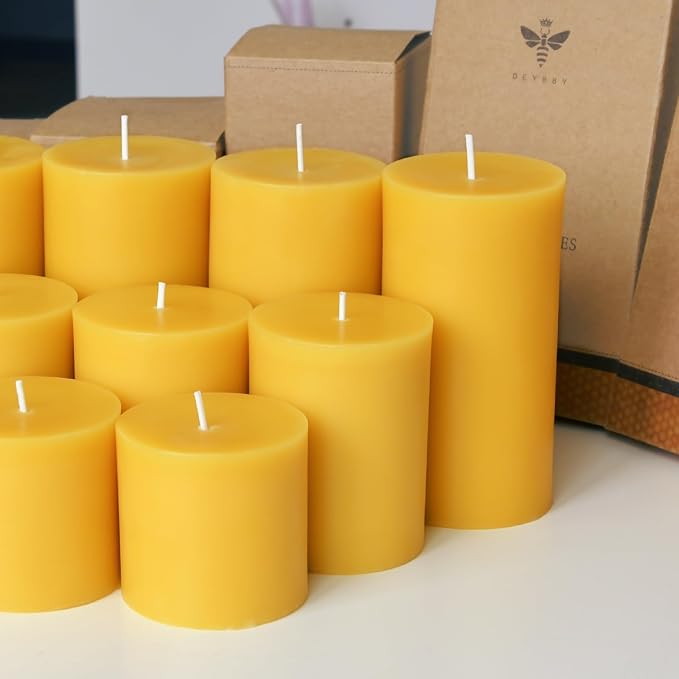 DEYBBY 3x6 inch Natural Beeswax Pillar Candle Set of 4, Smokeless Dripless Pure Organic Beeswax Candles with Natural Scent for Blackout Home Decoration Spa Relaxation(Yellow)
