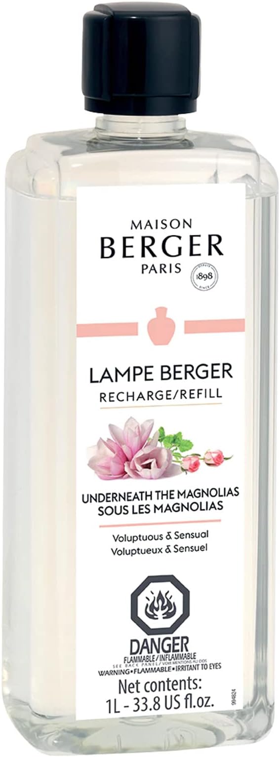 Maison Berger Underneath The Magnolias Lampe Berger Refill, 1 Liter (33.8 fl oz), 2-in-1 Catalytic System, Neutralizes Odors and Diffuses Fragrance, Damask Rose, Lemon, Arabian Rose, Made in France