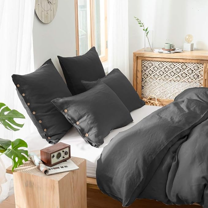 Simple&Opulence 100% Washed Linen Euro Sham Cover, 26 x 26 Inch, Decorative Bed Pillow Cover with Coconut Button, Solid Color Pillow Shams Set of 2 (Charcoal Grey)