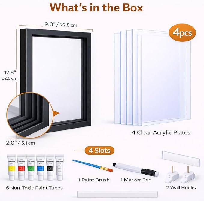 VidwanHome Family Handprint Kit for 4 – Wooden Frame with 4 Clear Acrylic Boards, DIY Handprint Keepsake for Baby, Pet, Mom, Grandparents, Hand Mold Art Set with Non-Toxic Washable Paint (Black)