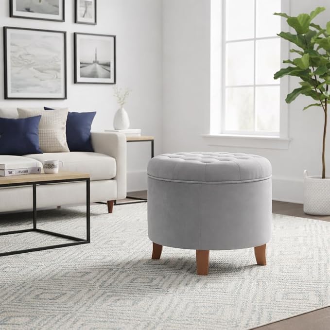 HomePop by Kinfine Fabric Upholstered Round Storage Ottoman - Velvet Button Tufted Ottoman with Removable Lid, Light Gray Small