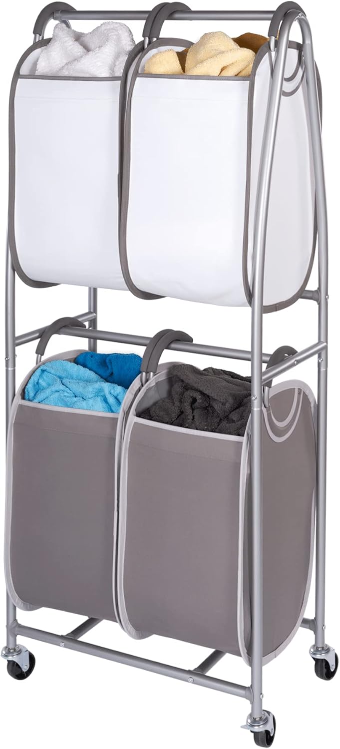 Neatfreak - 2 Tier Vertical Rolling Laundry Cart - Rolling Storage Cart On Wheels With 4 x Tote Hampers For Laundry, Towels, Blankets & Bathroom Organization - Quad Laundry Sorter