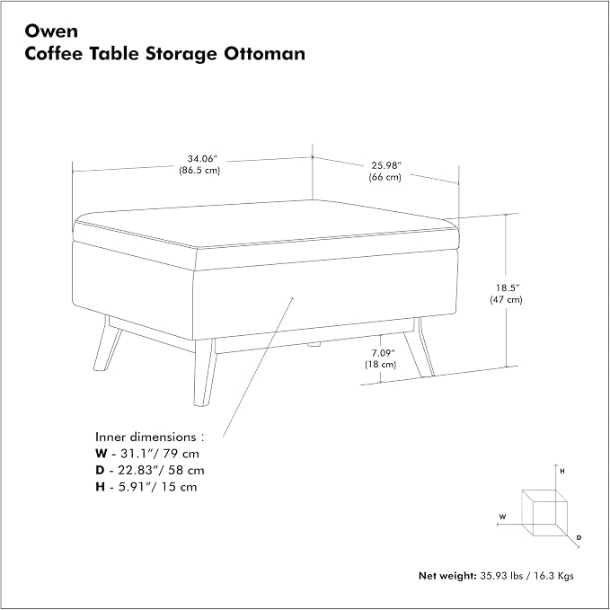 SIMPLIHOME Owen Coffee Table Storage Ottoman - 34" Wide x 19" High Upholstered Vegan Leather Rectangular Lift-Top Ottoman in Distressed Chestnut Brown, Mid-Century Modern Bench with Tapered Legs