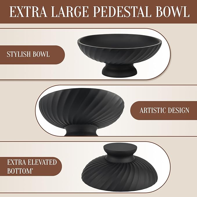 Deobath Large Resin Pedestal Decorative Bowl - Modern Fruit Bowl for Kitchen Counter - Handicraft Bowls for Home Decor - Key Bowl for Entry Table,Matte Black